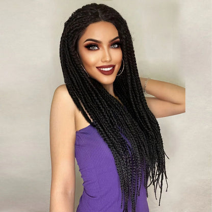 Crown & Glory Wigs   13*0.5 Black Synthetic 28inch Long Braided Lace Front Dreadlock Wig, Afro Knotless Cornrow Twist Fake Hair