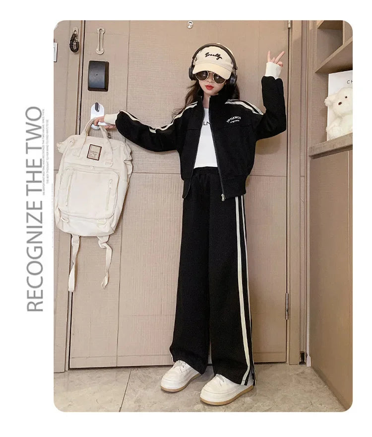 Girl clothing    Korean Spring Autumn Children Girl Sports Suit Teenager Girl Zipper Sweat Jackets+Wide-leg Sweatpants Junior Girl Tracksuit