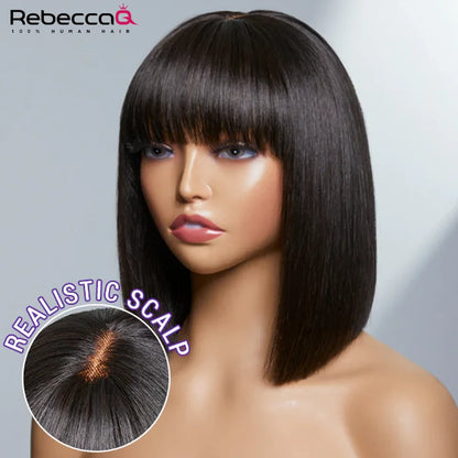 Crown & Glory Wigs  Short Bob Wig With Bangs Glue less Human Hair Wig Ready to Go Straight Hair Bob Wigs Brazilian Remy Full Machine Wigs for Women