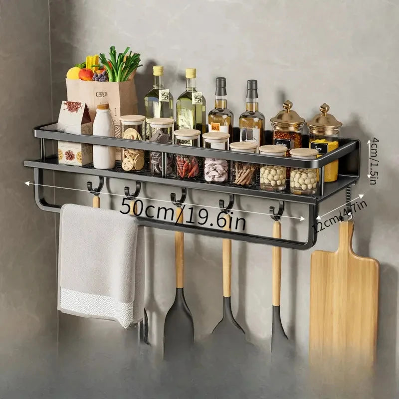 kitchen  30/40/50CM Kitchen Rack Wall-mounted Spice Storage Rack with Hook Rod Kitchen Utensils