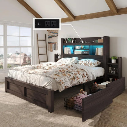 Living Room Queen Bed Frame with 49.6" Bookcase Headboard & 2 Bedside Stoage Racks & Drawers,Wood Bed Frame with RGB LED & Charging Station