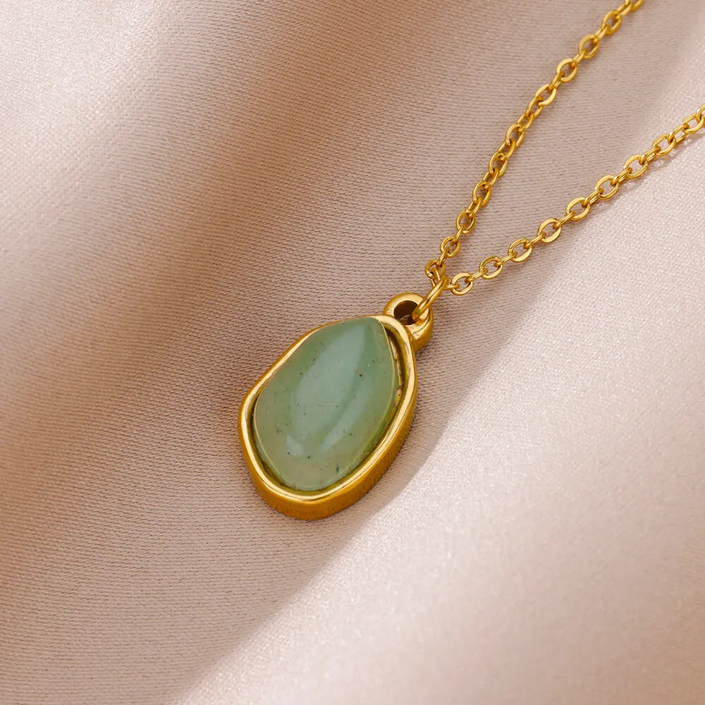 Jewellery   Oval Opal Pendant Necklace For Women Stainless Steel Gold Color Chain Collar Cute Lucky Jewelry Birthday Gift New Free Shipping