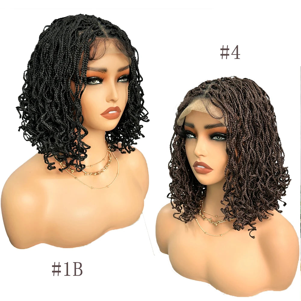 Crown & Glory Wigs Synthetic 4x4 Lace Front Braid Wig 14inch Curly Faux Locs Black Color Large Parting Space Twist Dreadlock Wigs for Black Women