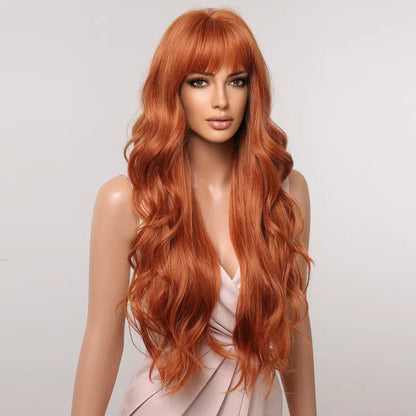 Crown & Glory Wigs  Ginger Curly Synthetic Wigs for Women Long Natural Wavy Orange Wigs with Flat Bangs Colorful Party Heat Resistant Wig