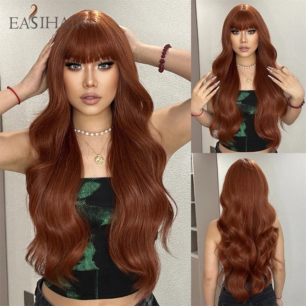 Crown & Glory Wigs EASIHAIR Dark Brown Long Wavy Synthetic Wig with Bangs Natural Wave Cosplay Daily Use Hair Wigs for Women Afro Heat Resistant