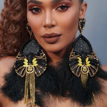 Jewellery   Exaggerated Black Feather Earrings for Drag Queen Statement Accessories Fashion Design Large Rhinestone Dangle Earrings Party