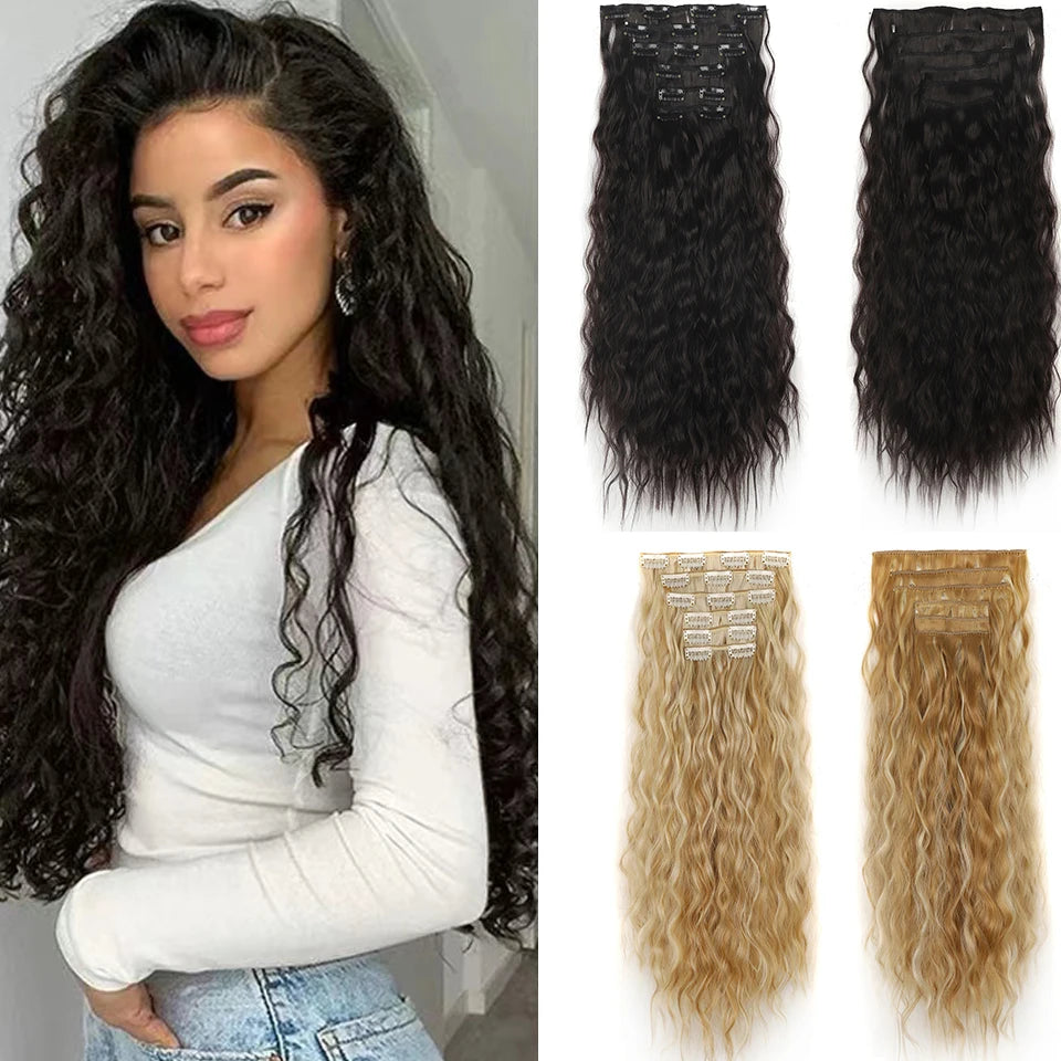 Crown & Glory Wigs  16Clips Clip In Hair Extension Long Wavy Synthetic Wigs For Women 6Pcs/Set 20Inch Corn Curly Fake Hairpiece Heat Resistant Fiber