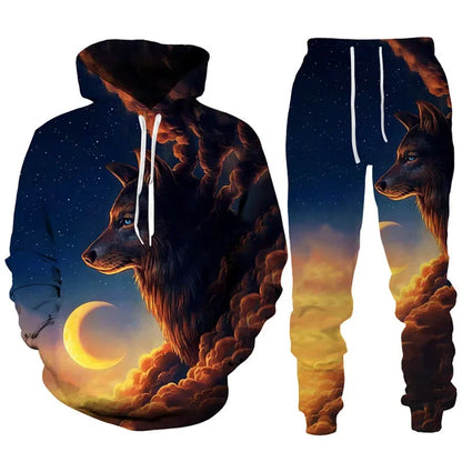 Men clothing  3D Print Hoodies Suit Man Dazzle Wolf Hip Hop Streetwear Hoodie And Pants 2pcs Sets