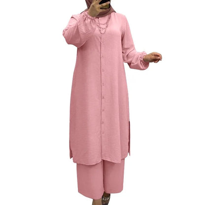 Muslim Family   Eid Muslim Set Women 2 Piece Shirt Blouses Wide Leg Pants Musulman Ensemble Dubai Casual Arab Ramadan Kaftan 2024 Outfit Suits