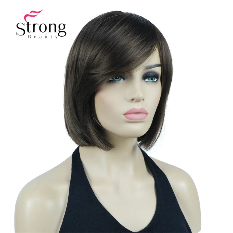 Crown & Glory Wigs Strong Beauty Women's Brown Short Straight Bob Wig with Side Bangs Synthetic Full Hair Wigs Heat Resistant