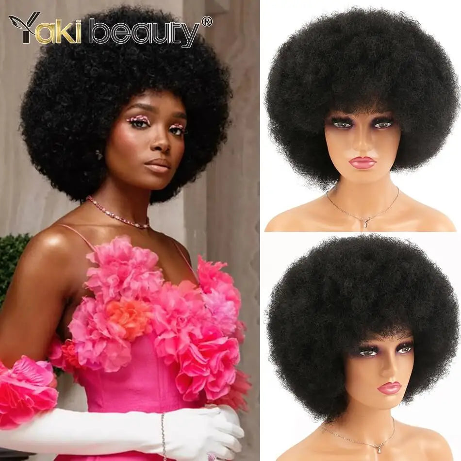 Crown & Glory Wigs Synthetic Afro Kinky Curly Wig With Bangs Big 70s Soft Afro Wig For Black Women Machine Made Cosplay Wig Natural Brown Black