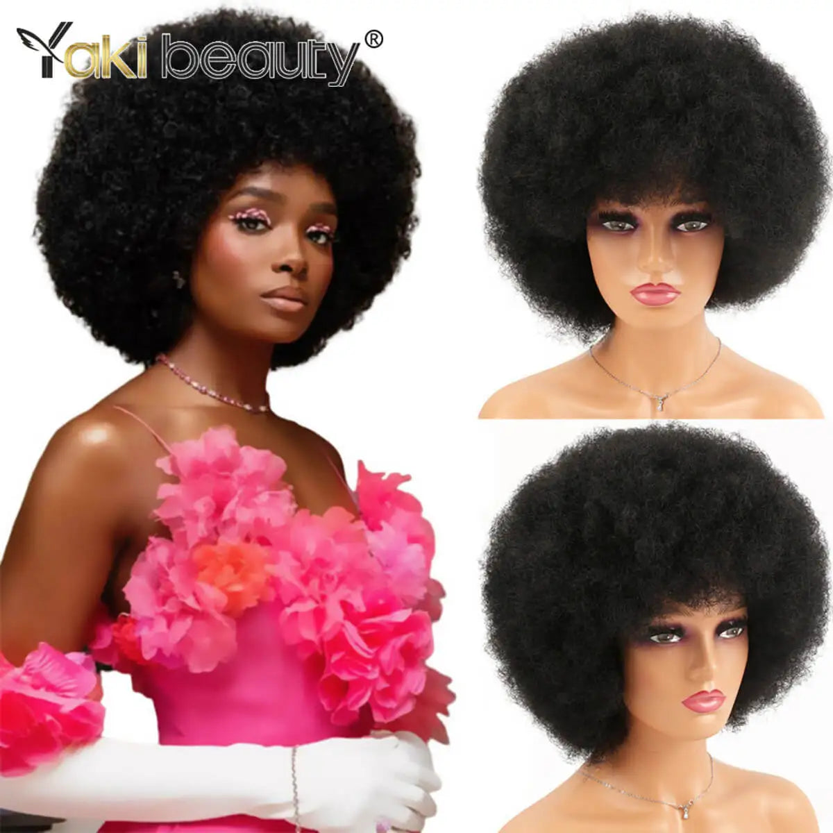 Crown & Glory Wigs Synthetic Afro Kinky Curly Wig With Bangs Big 70s Soft Afro Wig For Black Women Machine Made Cosplay Wig Natural Brown Black