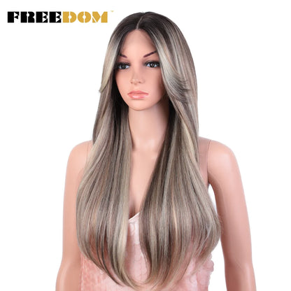 Crown & Glory Wigs   FREEDOM Synthetic Lace Front Wigs For Black Women 26 inch Straight Wigs Ombre Blond Cosplay Wig Synthetic Lace Wig With Bangs