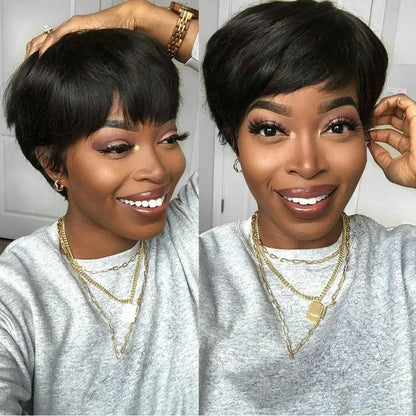 Crown & Glory Wigs  Pixie Cut 100% Full machine Human Hair Wig with Bangs for Women Short Layered Human Hair Brazilian Natural Black Hairs Cheap Wig