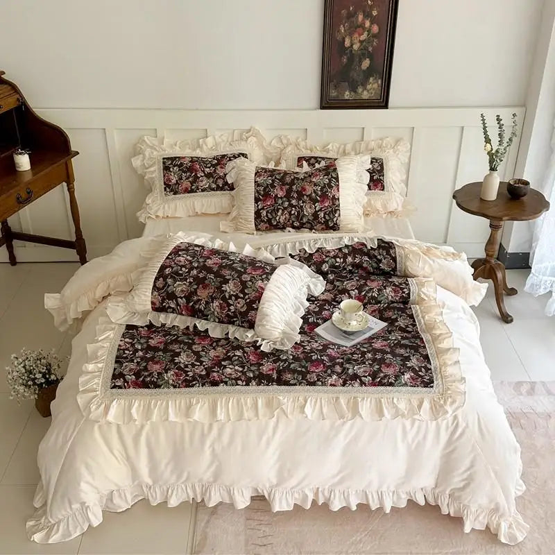 Bedroom   Ruffle patchwork 3Pcs Floral 100%cotton White Duvet Cover Set +2Pillowcases US/UK Super King size  Bedding Sets