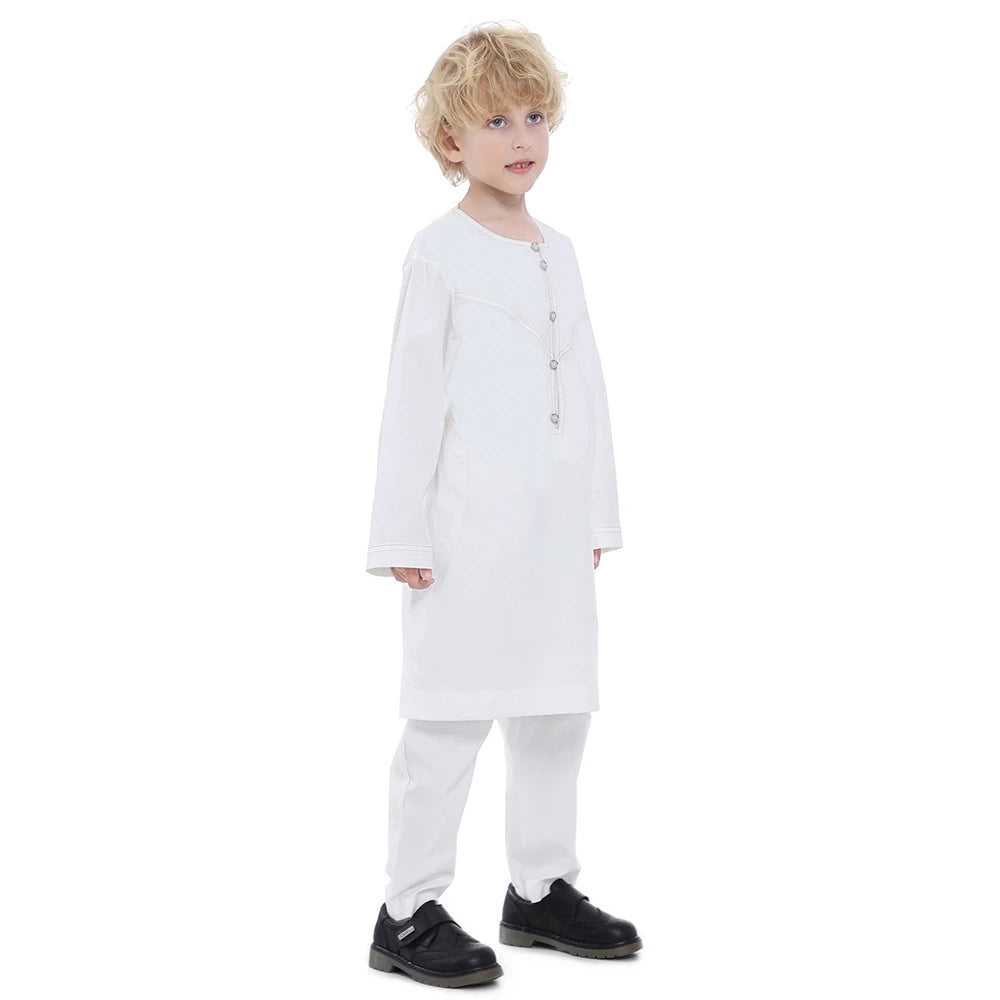 Muslim family   Muslim Boys Kids Jubba Thobe Saudi Arabic Robe 2 Piece Set Tops Pants Dubai Turkey Abaya Dress Kaftan Ramadan Djellaba Dishdasha