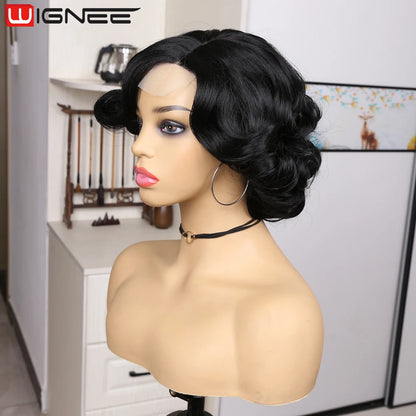 Crown & Glory Wigs   WIGNEE Pixie Short Wigs Synthetic Hair Body Wave Wig Side Part Lace Wig Natural Hair Wigs For Women Black Wig Heat Resistant