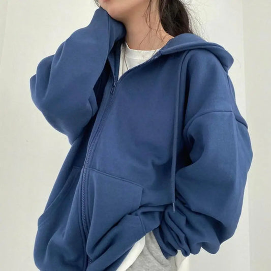 Woman clothing   Women Hoodies Solid Color Zip Up Pocket Oversized Harajuku Korean Sweatshirts Female Long Sleeve Hooded Streetwear Casual Top