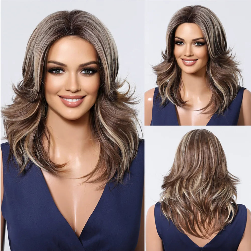 Crown & Glory WigsHENRY MARGU Grey Layered Synthetic Natural Wig Medium Length Straight Wig with Bangs for Women Daily Party Wigs Heat Resistant