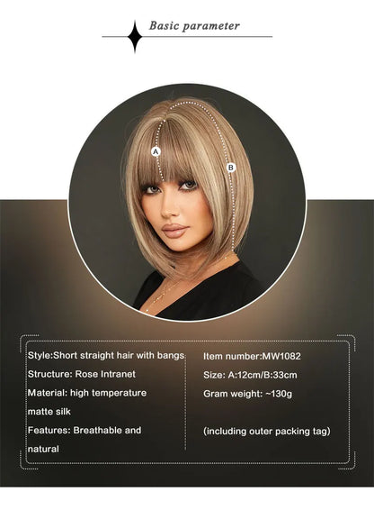 Crown & Glory Wigs NAMM Straight Light Brown Bob Wigs for Women Party Use With Neat Bangs Highlight Blonde High Density Synthetic Wig