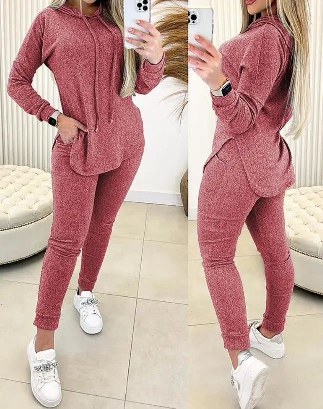 Woman clothing  2 Piece Set Women Outfit 2024 Spring Fashion Hem Slit Long Sleeve Hooded Sweatshirt & Casual Pocket Design High Waist Pants Set