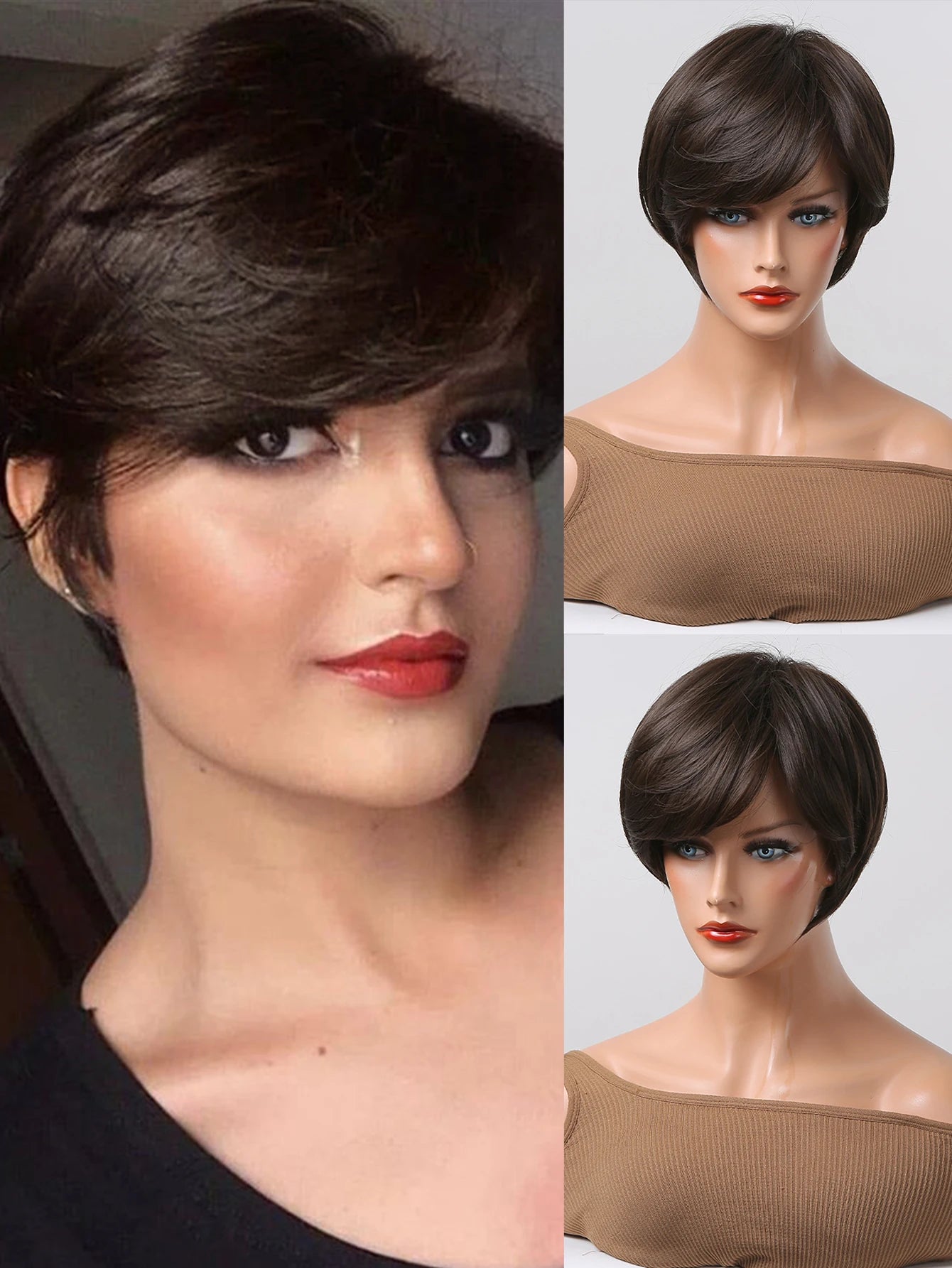 Crown & Glory Wigs EASIHAIR Short Honey Brown Synthetic Wigs for Women Layered Natural Hair Wigs Free Part Short Hair Daily Wig Heat Resistant