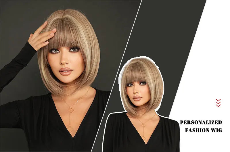 Crown & Glory Wigs NAMM Straight Light Brown Bob Wigs for Women Party Use With Neat Bangs Highlight Blonde High Density Synthetic Wig