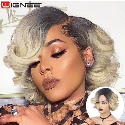 Crown & Glory Wigs   WIGNEE Pixie Short Wigs Synthetic Hair Body Wave Wig Side Part Lace Wig Natural Hair Wigs For Women Black Wig Heat Resistant