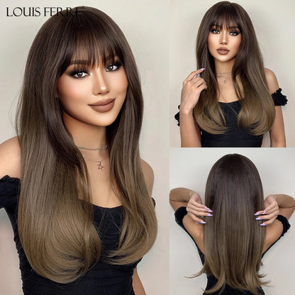 Crown & Glory Wigs  Grey White To Brown Ombre Synthetic Wigs Long Straight Layered Hair Wig For Women High Temperature Wig For Cosplay Daily Party