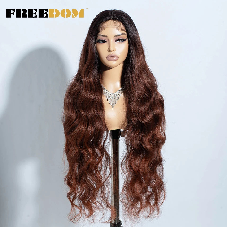 Crown & Glory Wigs   FREEDOM Synthetic Lace Front Wigs For Women 36" Long Body Wave Lace Wig Ombre Brown Blonde Highlight Cosplay Wigs Heat Resistant