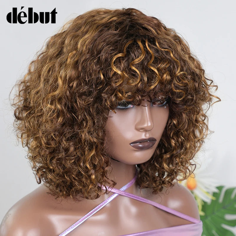 Crown & Glory Wigs  Debut Highlight Curly With Bangs Human Hair Wigs Kinky Curly Wigs For Black Women Brazilian Remy Human Hair Wigs Cheap Jerry Curl