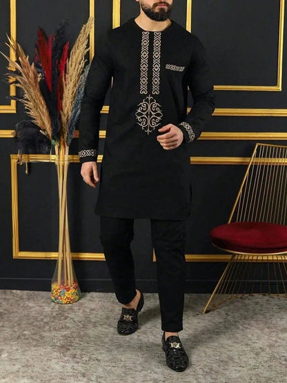 Muslim family   Luxury Men's wedding suit Nigerian Embroidery Agbada African Best Man dress Set Two-piece wedding top and trousers Ethnic style