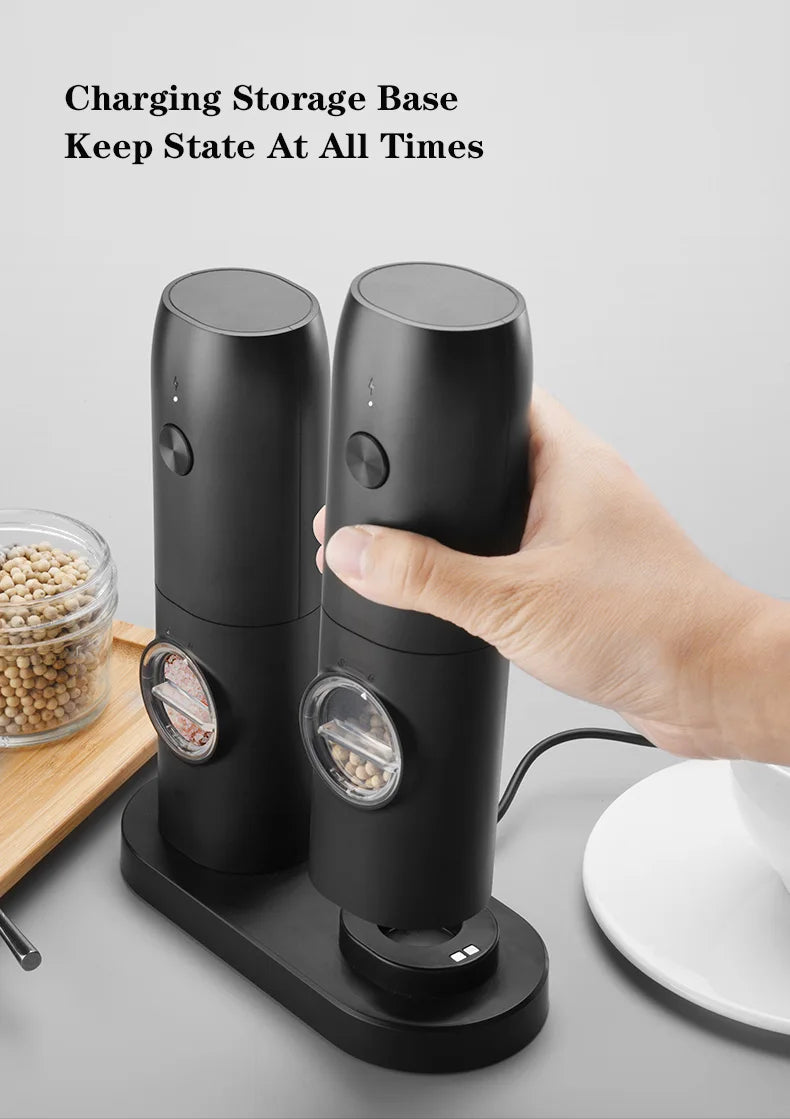 Kitchen Electric Salt and Pepper Grinder Set with Charging Base and LED Light Adjustable Coarseness Automatic Spice Herb Mill kitchen appliance