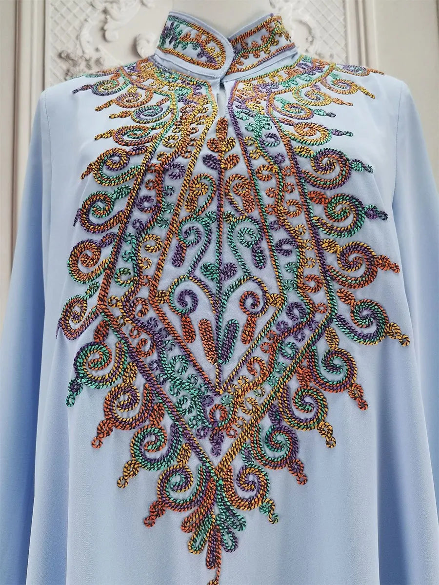 Muslim family   Siskakia Embroidery V-Neck Long Dress Dubai Arab Abaya For Muslim Woman Loose Moroccan Saudi Ethnic Jalabiya Fashion Robe 2024