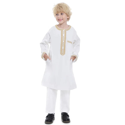 Muslim family    Muslim Kids Jubba Thobe Arab Boy Thobe Children Abaya Ramadan Dress Pant Set 2 Piece Caftan Robe Kaftan Musulman Ensembles