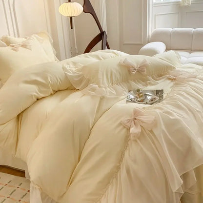 Bedroom   French Princess Style Bedding Sets Ruffle Lace Bow Quilt Cover Romantic Bedclothes Decor Woman Girls Bedroom Duvet Cover 4pcs