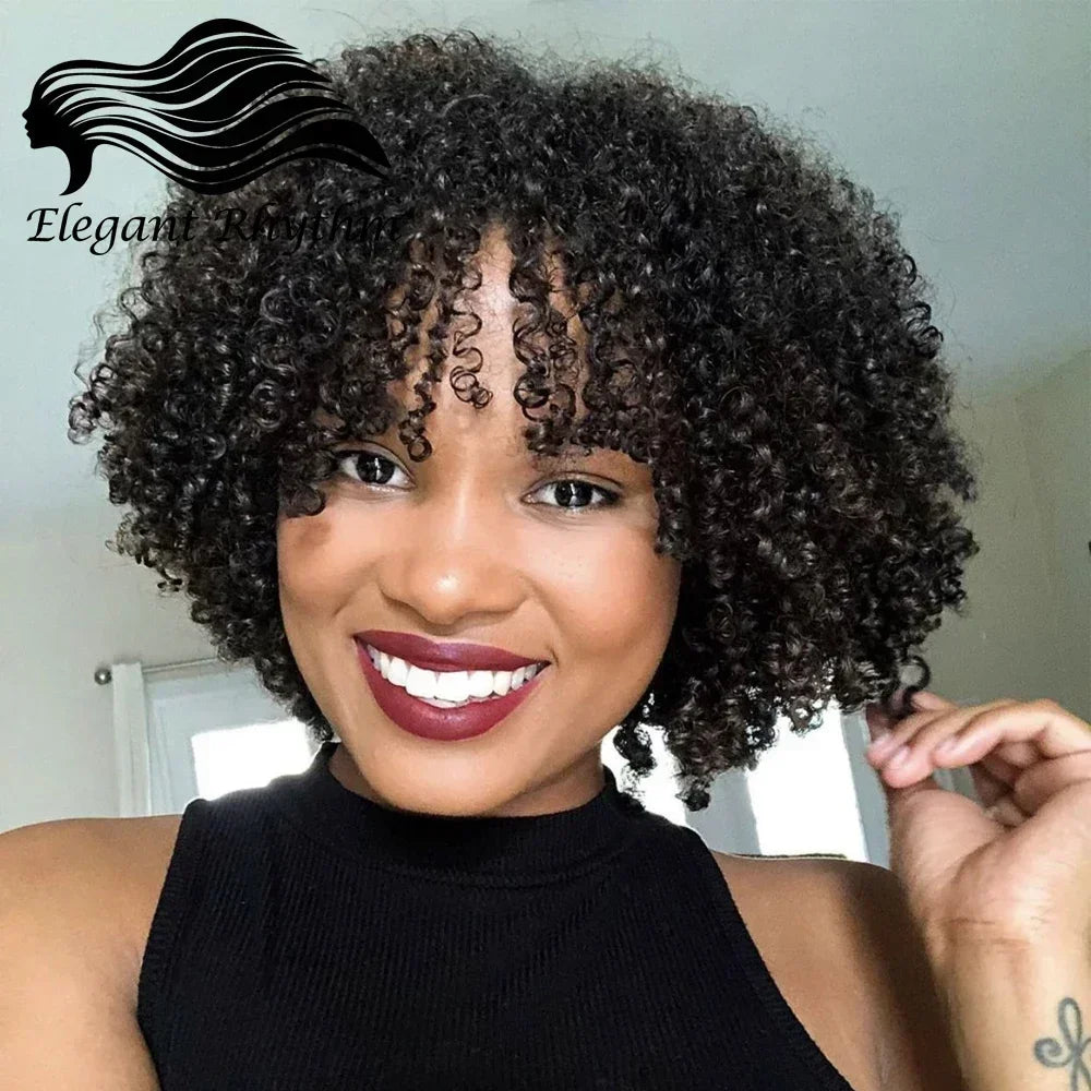 Crown & Glory Wigs  Short Curly Pixie Cut Wig with Bangs Glue less Afro Kinky Curly Brazilian Human Hair Wigs For Women Ready to Go Machine Made Wig