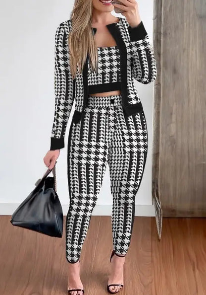 Woman clothing   3 Piece Set Plaid Print Crop Top & Pants Set With Coat Fashion Casual Elegant Female Set