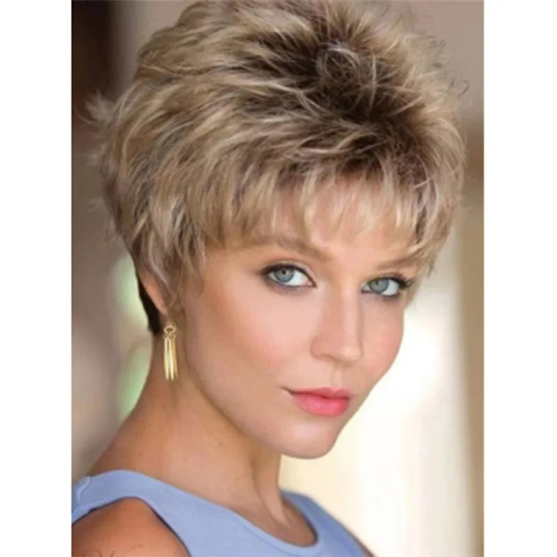 Crown & Glory Wigs Short Brown Pixie Cut Wigs with Bangs Straight Synthetic Hair Wig Ombre Blonde Wig Headband Cosplay Wig