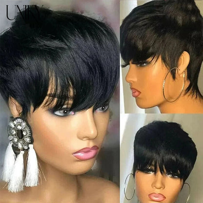 Crown & Glory Wigs  Pixie Cut 100% Full machine Human Hair Wig with Bangs for Women Short Layered Human Hair Brazilian Natural Black Hairs Cheap Wig