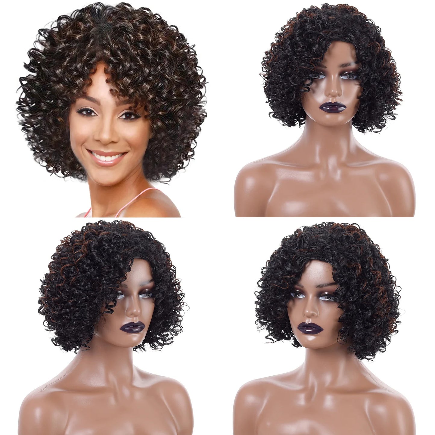 Crown & Glory Wigs Short Curly Hair Wig - 12 Inch Brown Black Mix, Heat Resistant Synthetic Fiber, Women's Hair Replacement