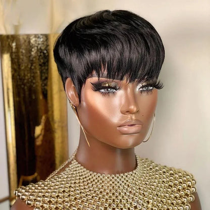 Crown & Glory Wigs  Pixie Cut 100% Full machine Human Hair Wig with Bangs for Women Short Layered Human Hair Brazilian Natural Black Hairs Cheap Wig