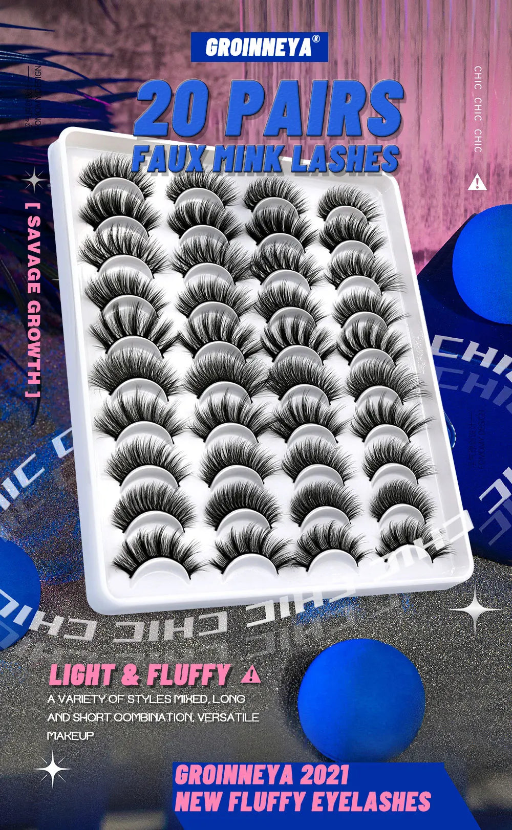 Makeup and face GROINNEYA 20 Pairs False Lashes 3D Mink Lashes Fluffy Dramatic Thick Volume Eyelashes Natural Lashes Fake Lashes Makeup