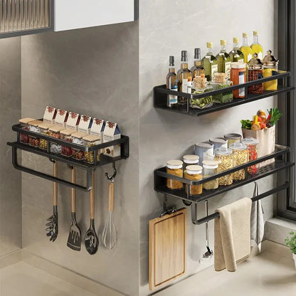 kitchen  30/40/50CM Kitchen Rack Wall-mounted Spice Storage Rack with Hook Rod Kitchen Utensils