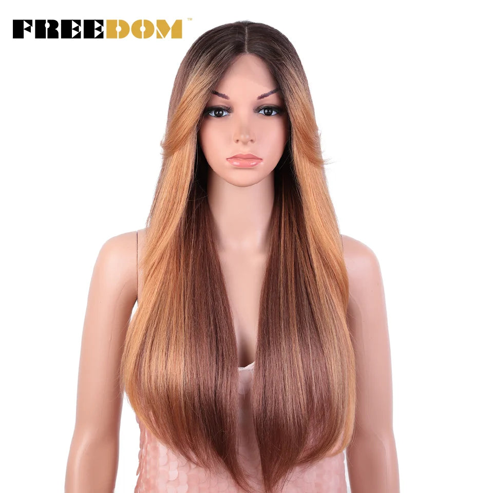 Crown & Glory Wigs   FREEDOM Synthetic Lace Front Wigs For Black Women 26 inch Straight Wigs Ombre Blond Cosplay Wig Synthetic Lace Wig With Bangs