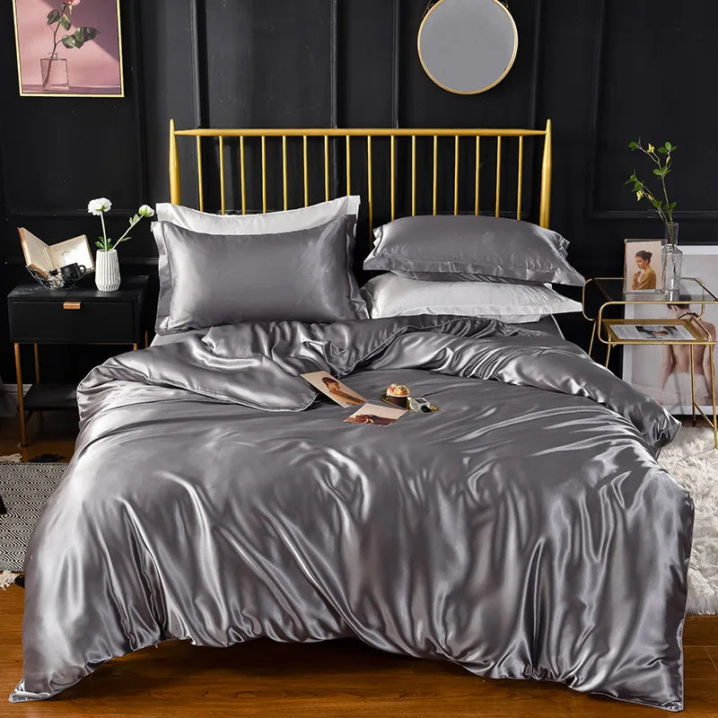 Bedroom  High End Home Emulation Silk Satin Bedding Set Luxury Single Double Duvet Cover Set High Quality King Queen Size Bedding Sets