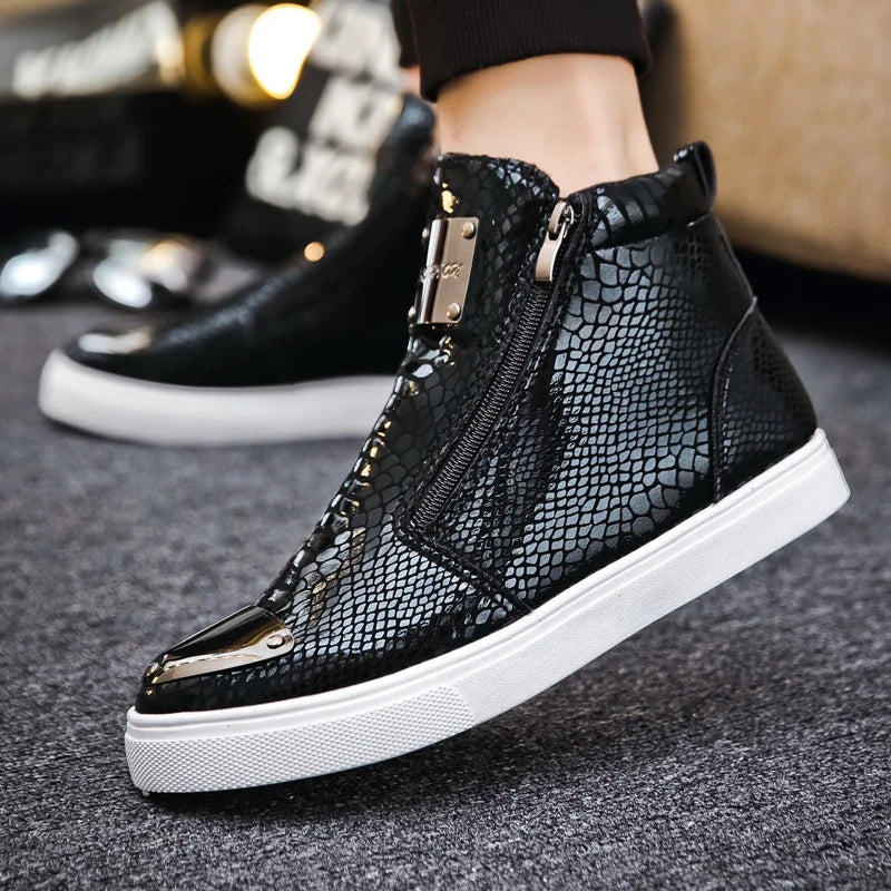 Men shoes  Hot Zipper High Top Sneakers Men Fashion Crocodile Leather Shoes For Men Luxury Golden Casual Sneakers Male Hip Hop Rock Shoes