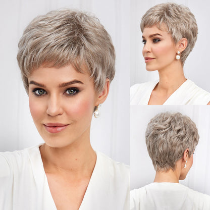 Crown & Glory Wigs Pixie Cut Short Bob Wigs with Bang Brown Blonde Layered Straight Kanekalon Synthetic Wig Human-hair Like Texture Natural Daily