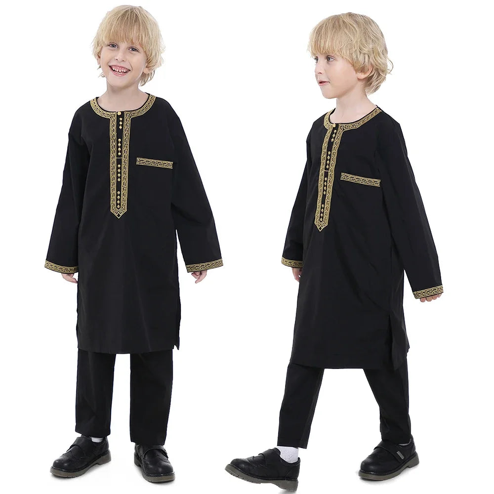 Muslim family   Muslim Children Robe 2 Piece Set Kids Boy Round Neck Long Sleeve Printed Dress Shirt Abaya Kaftan Jubba Thobe Islamic Clothing