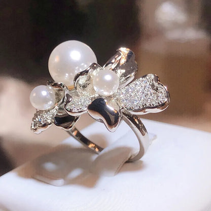 Jewellery   Exquisite Sparkly Flower Pearl Ring for Women Fashion Wedding Jewelry 925 Silver Color Party Jewelry Pearl Ring Engagement Ring